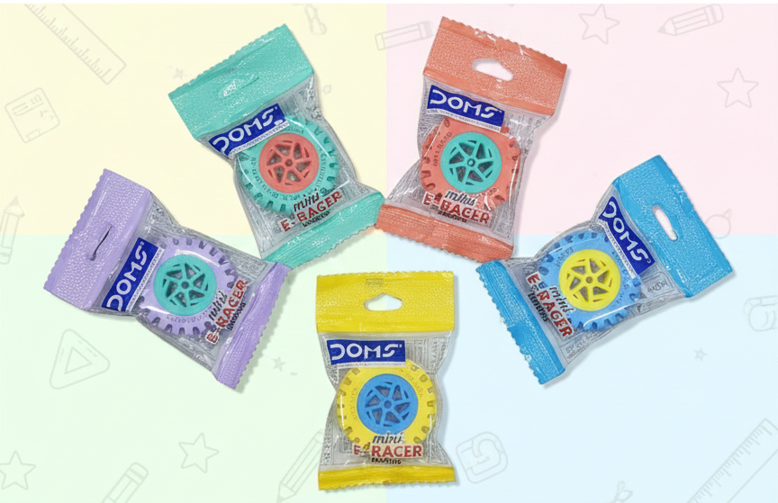 DOMS Mini E-Racer Erasers – Fun Wheel-Shaped Erasers for Kids