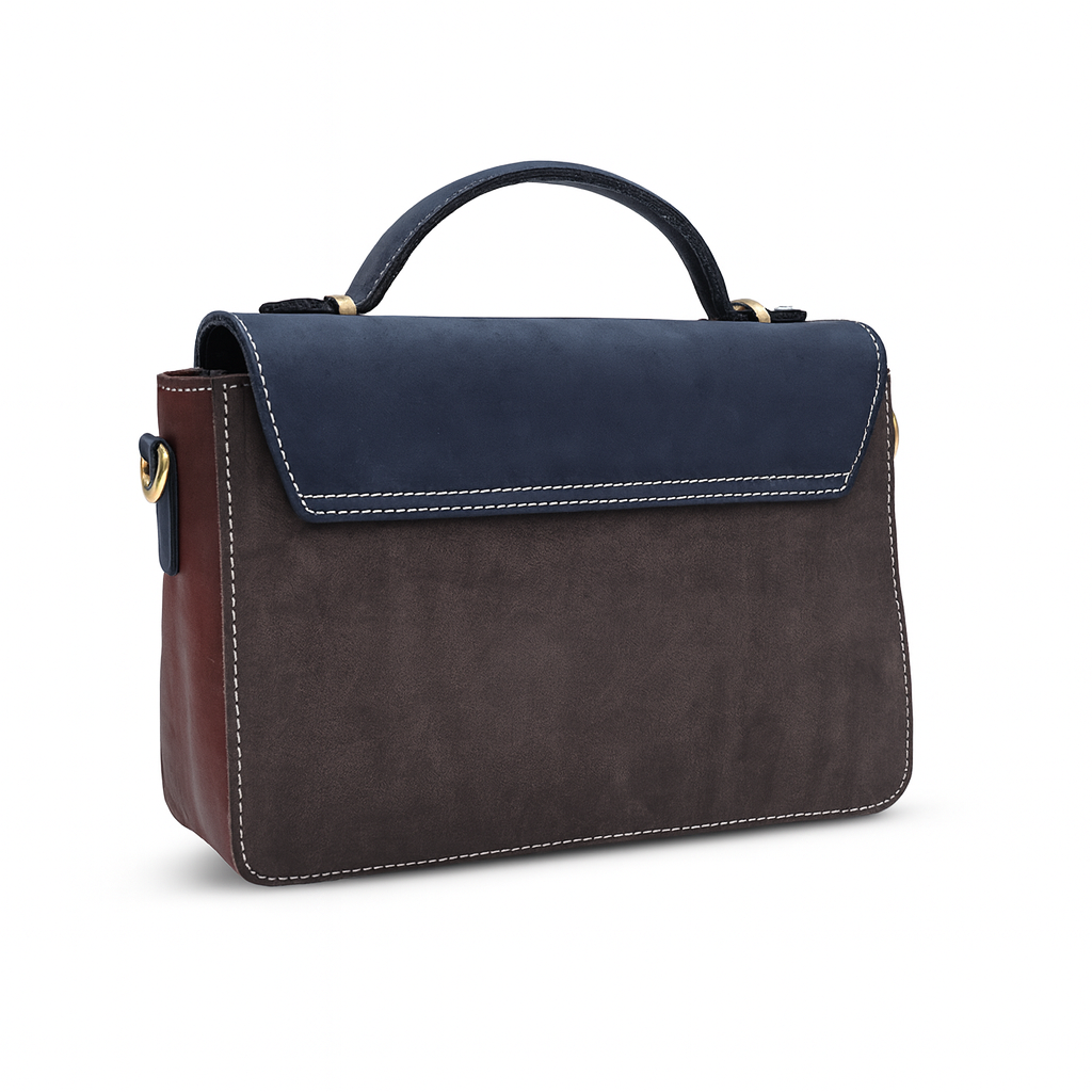 Tri-Color Luxury Leather Satchel – Navy, Red & Brown