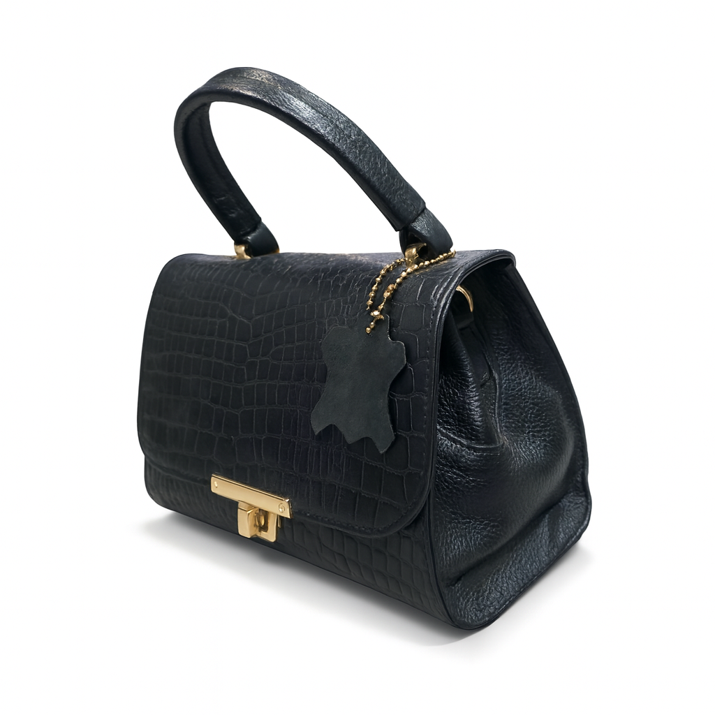 Classic Black Croc-Embossed Leather Handbag