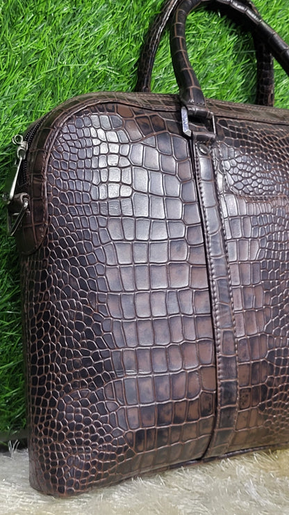 Dark Brown Croc-Embossed Leather Travel Duffel Bag