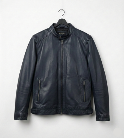 Navy Blue Premium Leather Biker Jacket