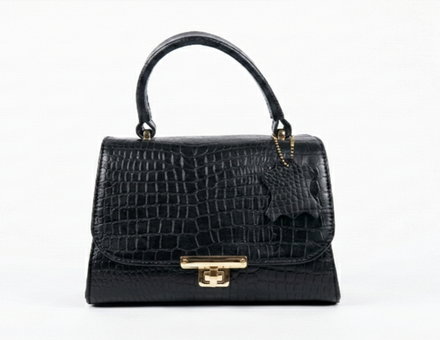 Classic Black Croc-Embossed Leather Handbag