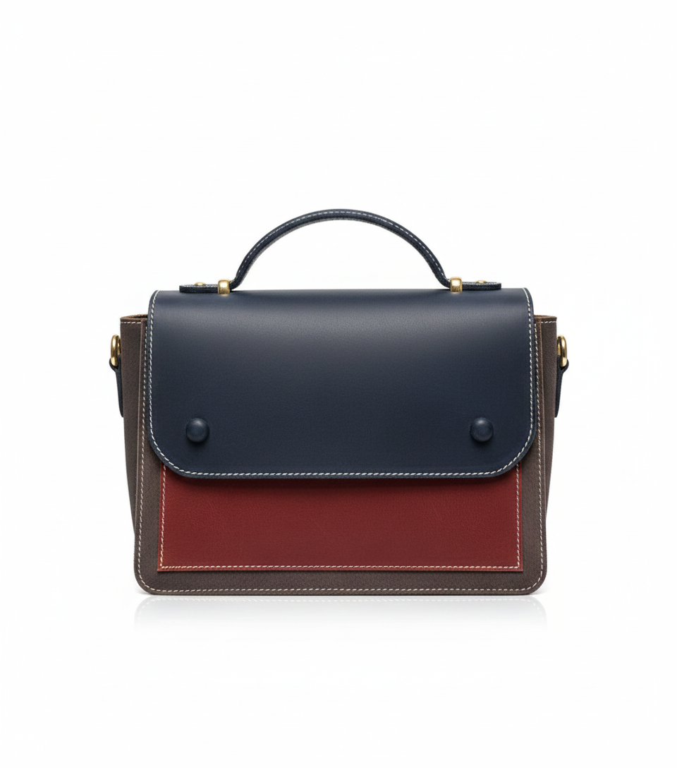 Tri-Color Luxury Leather Satchel – Navy, Red & Brown