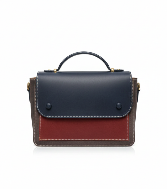 Tri-Color Luxury Leather Satchel – Navy, Red & Brown