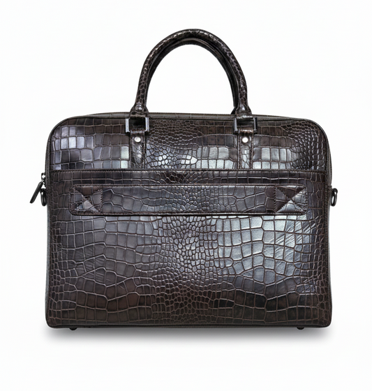 Dark Brown Croc-Embossed Leather Travel Duffel Bag
