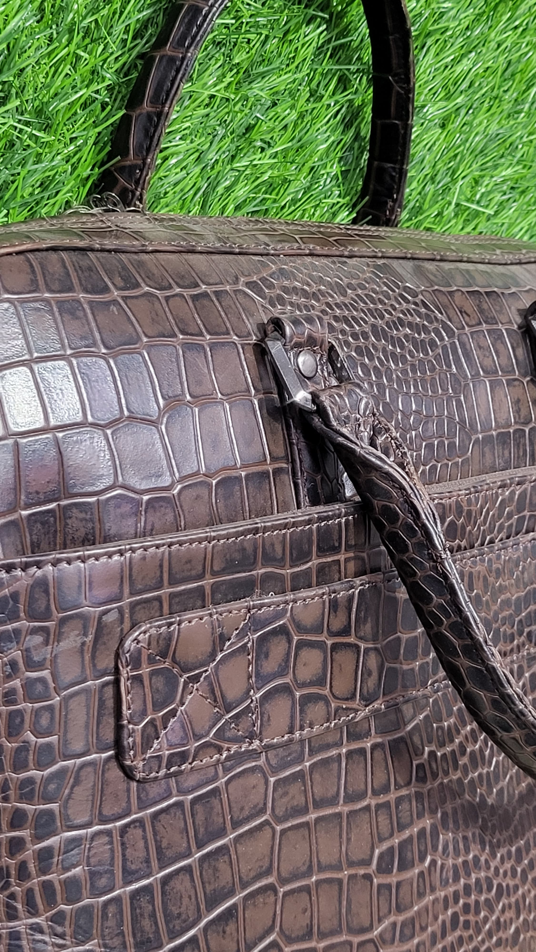 Dark Brown Croc-Embossed Leather Travel Duffel Bag