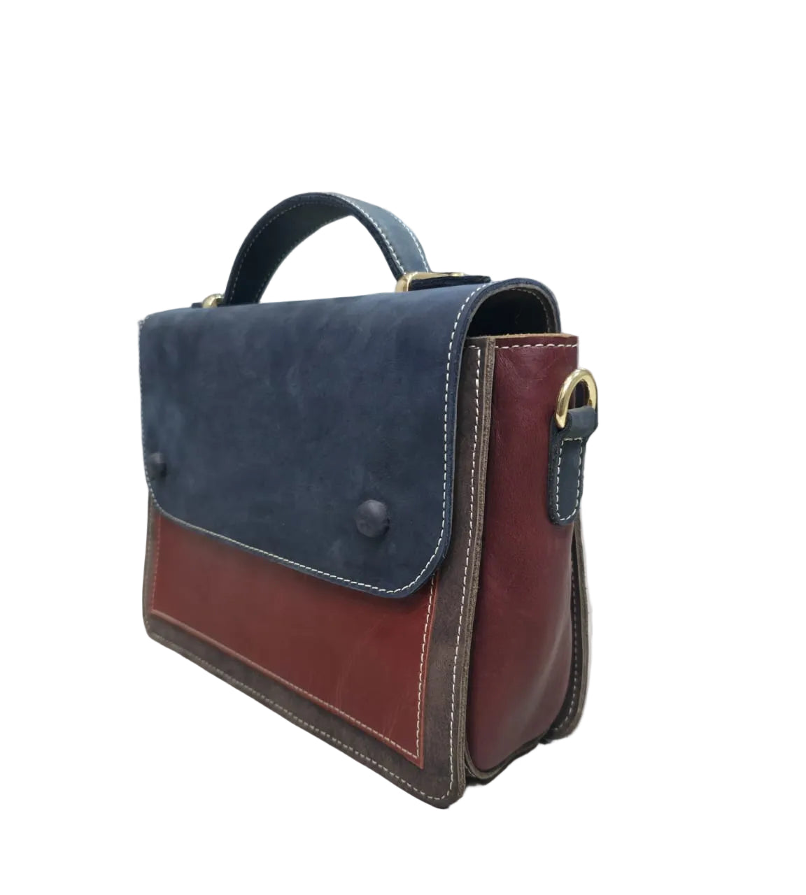 Tri-Color Luxury Leather Satchel – Navy, Red & Brown